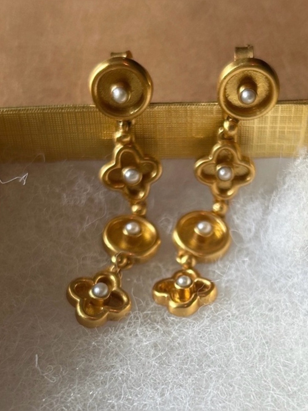 Julie Vos Gold Floral Drop Earrings with Pearl Accents